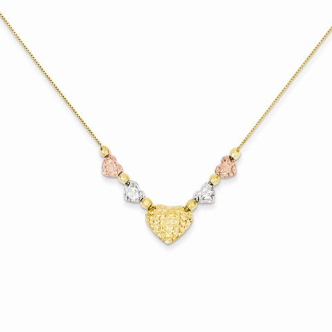 14K Tri-Color Gold Puff & Flat Hearts Necklace