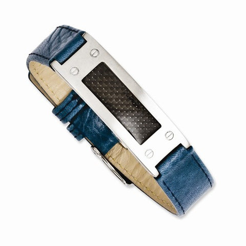 Stainless Steel Textured Blue Leather with Carbon Fiber Buckle Bracelet