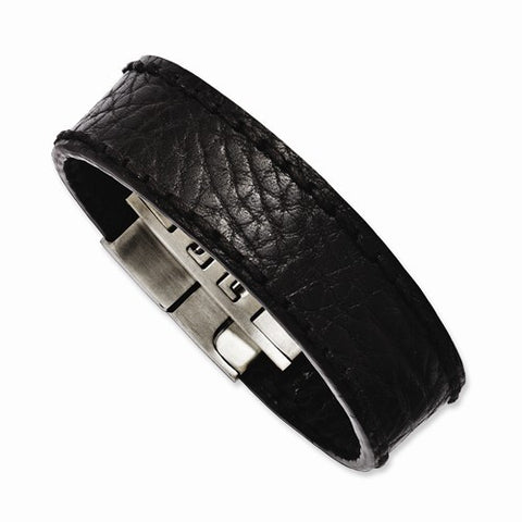 Stainless Steel Textured Black Leather Bracelet