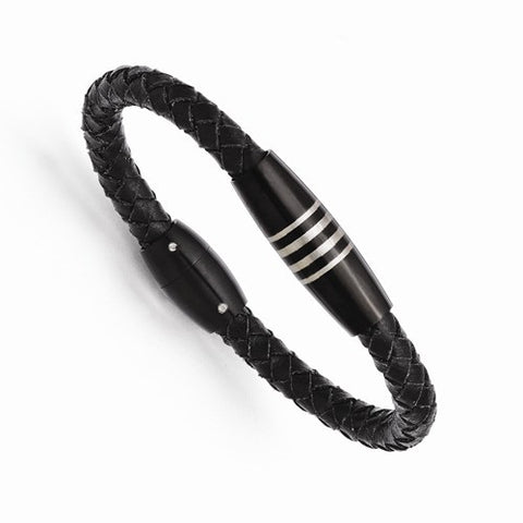 Stainless Steel Leather Black Ip-Plated Bracelet