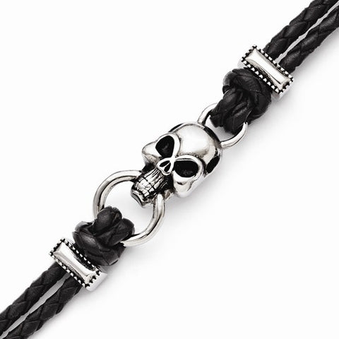 Stainless Steel Antiqued Skull with Crosses Leather Bracelet