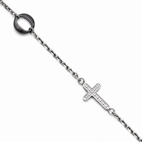 Stainless Steel and Ceramic Polished Sideways Cross Cz Bracelet