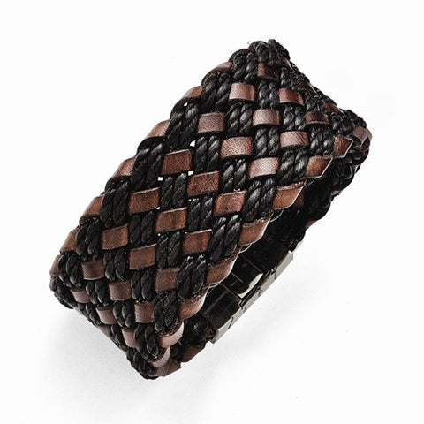 Stainless Steel Brushed Black and Brown Italian Woven Leather Bracelet