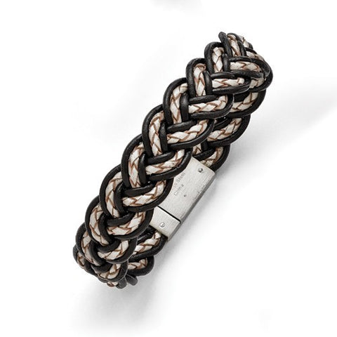 Stainless Steel Brushed Black and Creme Woven Leather Bracelet
