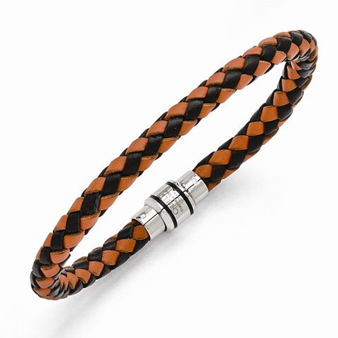 Stainless Steel Polished Black Ip Black Orange Woven Leather Bracelet