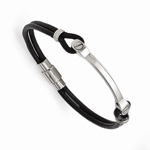 Stainless Steel Polished Id and Black Leather Bracelet