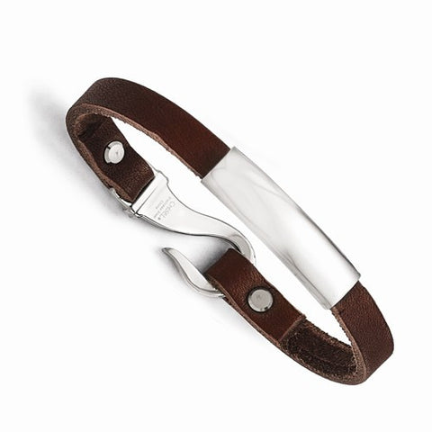 Stainless Steel Polished Id and Reddish Brown Leather Bracelet