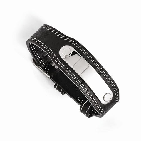 Stainless Steel and Genuine Black Leather Bracelet