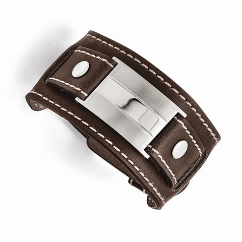 Stainless Steel Brown Leather Brushed Polished Buckle Bracelet