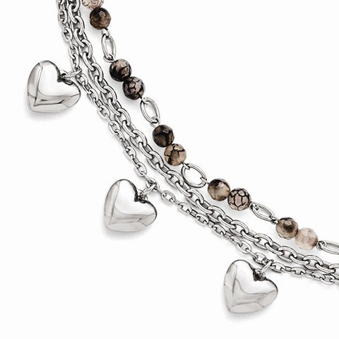 Stainless Steel Black & White Agate with Hearts Bracelet
