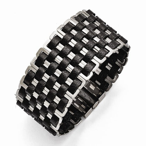 Stainless Steel Polished Woven Black Leather Bracelet