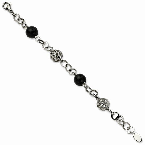Stainless Steel Black Onyx & Cutout Beads Bracelet