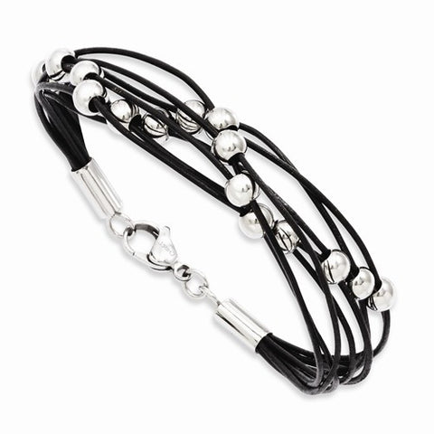 Stainless Steel Black Leather with Beads Bracelet