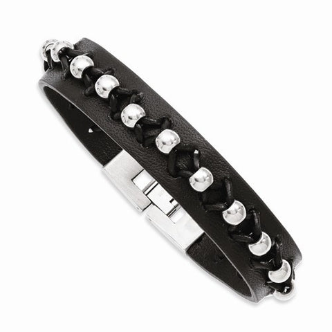 Stainless Steel Black Leather with Polished Beads Bracelet
