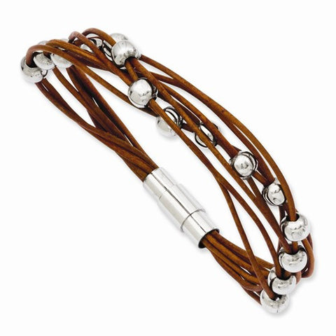 Stainless Steel Polished Beads & Brown Leather Bracelet