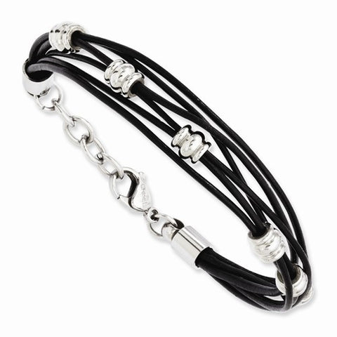 Stainless Steel Black Leather & Polished Beads Bracelet