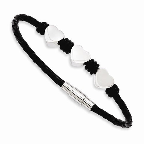 Stainless Steel Black Leather with Polished Hearts Bracelet