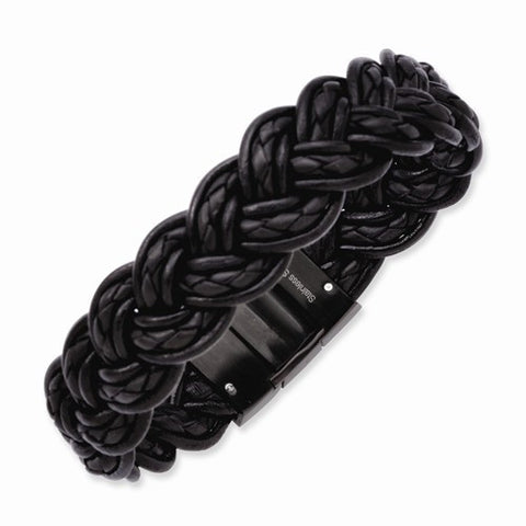 Stainless Steel Black Leather & Black-Plated Bracelet