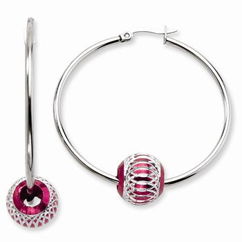 Stainle Steel Red Diamond-cut Bead Hoop Earrings