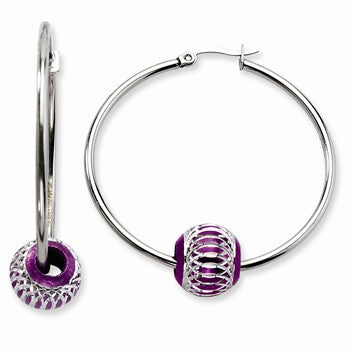 Stainle Steel Purple Diamond-cut Bead Hoop Earrings