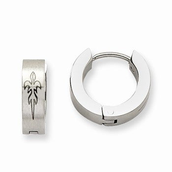 Stainle Steel Brushed Polished w/ Design Hinged Hoop Earrings
