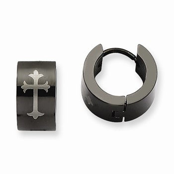 Stainle Steel Black IP-plated Round Hinged Hoop w/ Cross Earrings