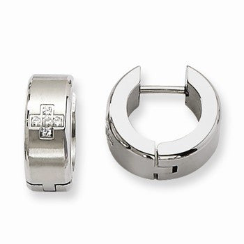 Stainle Steel CZ Brushed Polished Hinged Hoop Earrings