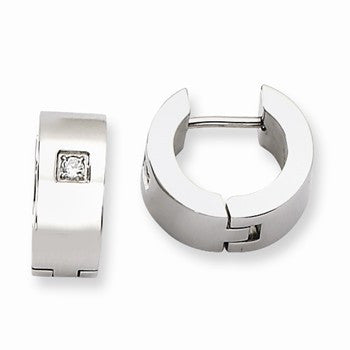 Stainle Steel CZ Polished Round Hinged Hoop Earrings