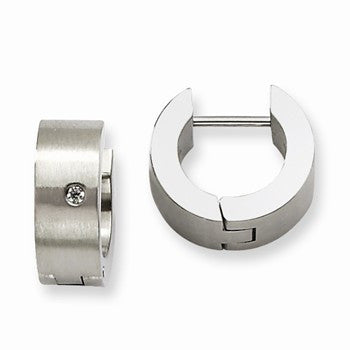 Stainle Steel CZ Brushed Polished Round Hinged Hoop Earrings