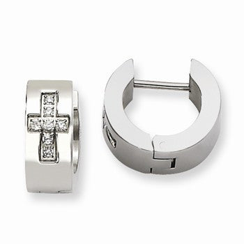 Stainle Steel CZ Cross Brushed Polished Hinged Hoop Earrings