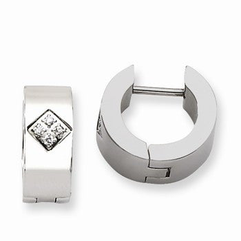 Stainle Steel CZ Polished Round Hinged Hoop Earrings