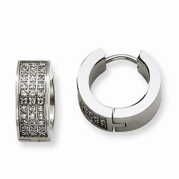 Stainle Steel CZ Stones Brushed Polished Hinged Hoop Earrings