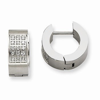 Stainle Steel CZ Brushed Polished Round Hinged Hoop Earrings