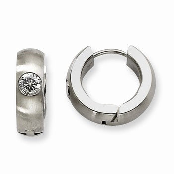 Stainle Steel Brushed Polished CZ Hinged Hoop Earrings