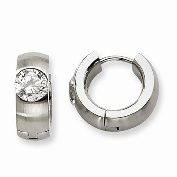 Stainle Steel CZ Brushed Polished Round Hinged Hoop Earrings