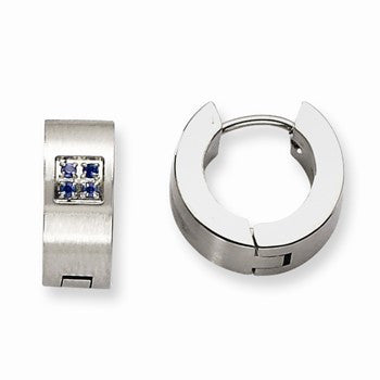 Stainle Steel Blue CZ Brushed Polished Hinged Hoop Earrings
