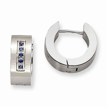 Stainle Steel Blue CZ Brushed Polished Hinged Hoop Earrings
