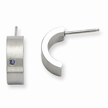 Stainle Steel Blue CZ Brushed Polished Half Hoop Post Earrings