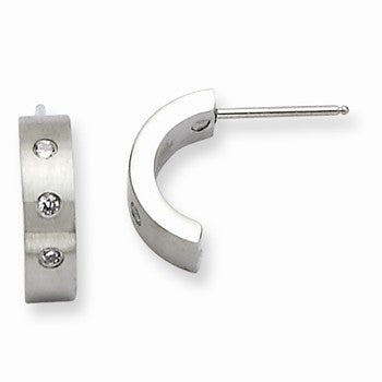 Stainle Steel CZ Brushed Polished Half Hoop Post Earrings