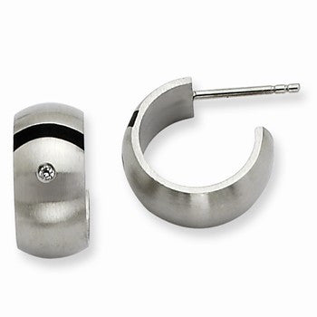 Stainle Steel Brushed Black Rubber w/ CZ Post Hoop Earrings