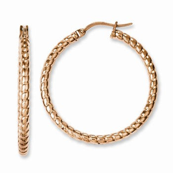 Stainle Steel Pink IP-plated Textured 30mm Hollow Hoop Earrings