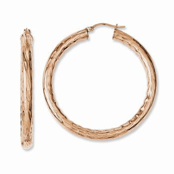 Stainle Steel Rose IP-plated Textured Polished Hoop Earrings