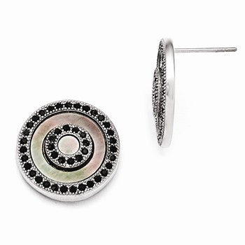 Stainle Steel Polished Black Mother of Pearl/Crystal Post Earrings