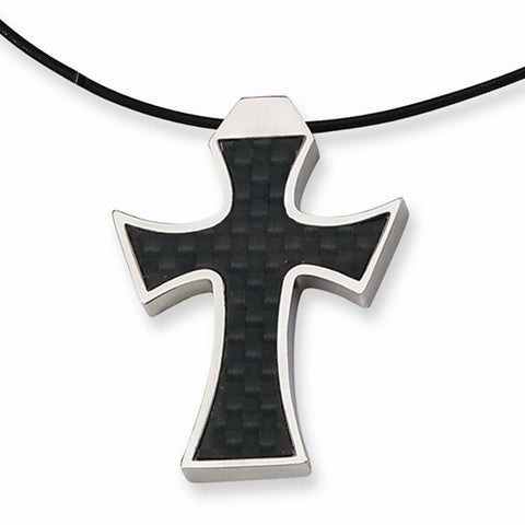 Stainless Steel Leather Cord Black Carbon Fiber Cross Necklace