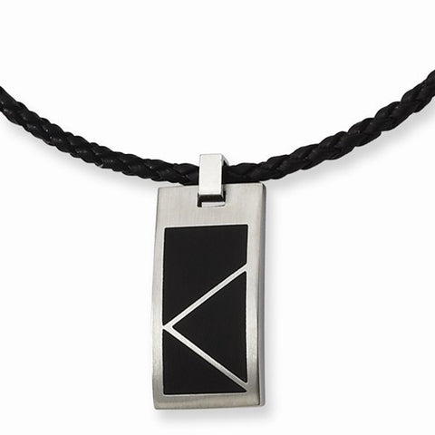 Stainless Steel Black Enameled Leather Cord Necklace
