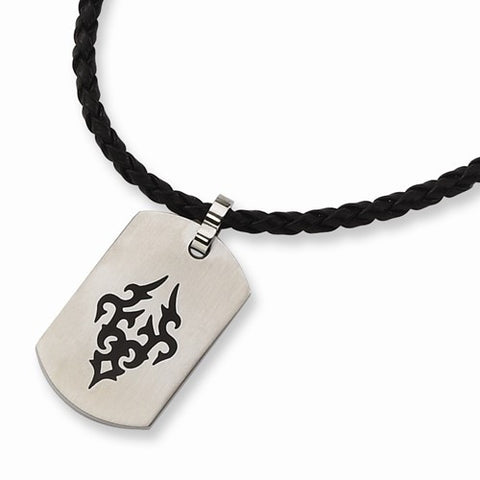 Stainless Steel Leather Cord Black Enamel Necklace