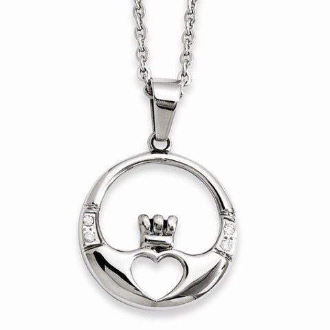 Stainless Steel Claddagh CZs Pendant On Necklace
