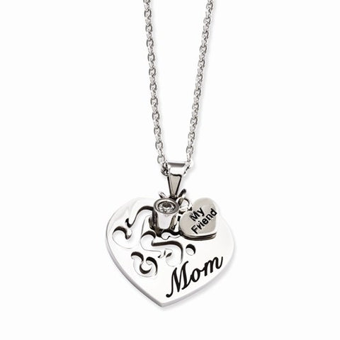 Stainless Steel Mom with CZ and My Friend Pendant Necklace