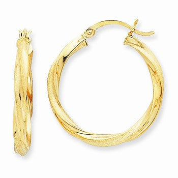 14k Yellow Gold Satin Polished 3mm Twisted Hoop Earrings