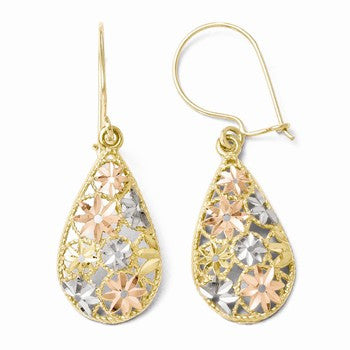 10k Yellow Gold with White & Rose Rhodium Diamond-cut Dangle Earrings